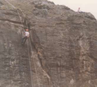 Abseiling down a good drop in Wales - 1983